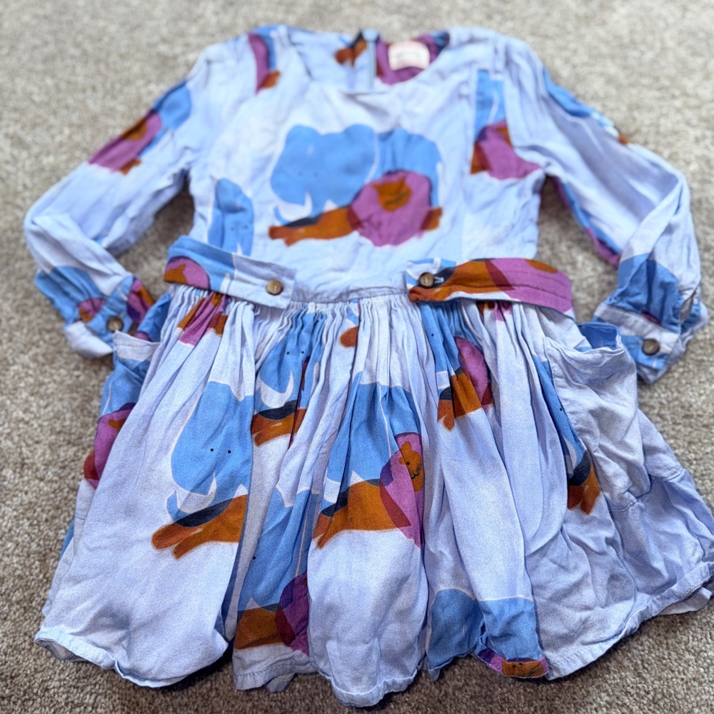 Morley Blue Animal‎ Print Elephant Lion Circus Viscose Dress Long Sleeve Size 3